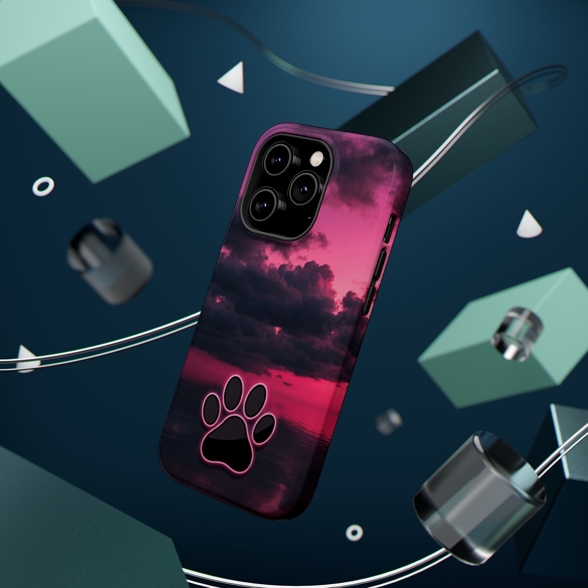 iPhone & Samsung Magnetic Impact-Resistant Phone Case — Pink Twilight Cloud with Paw Print