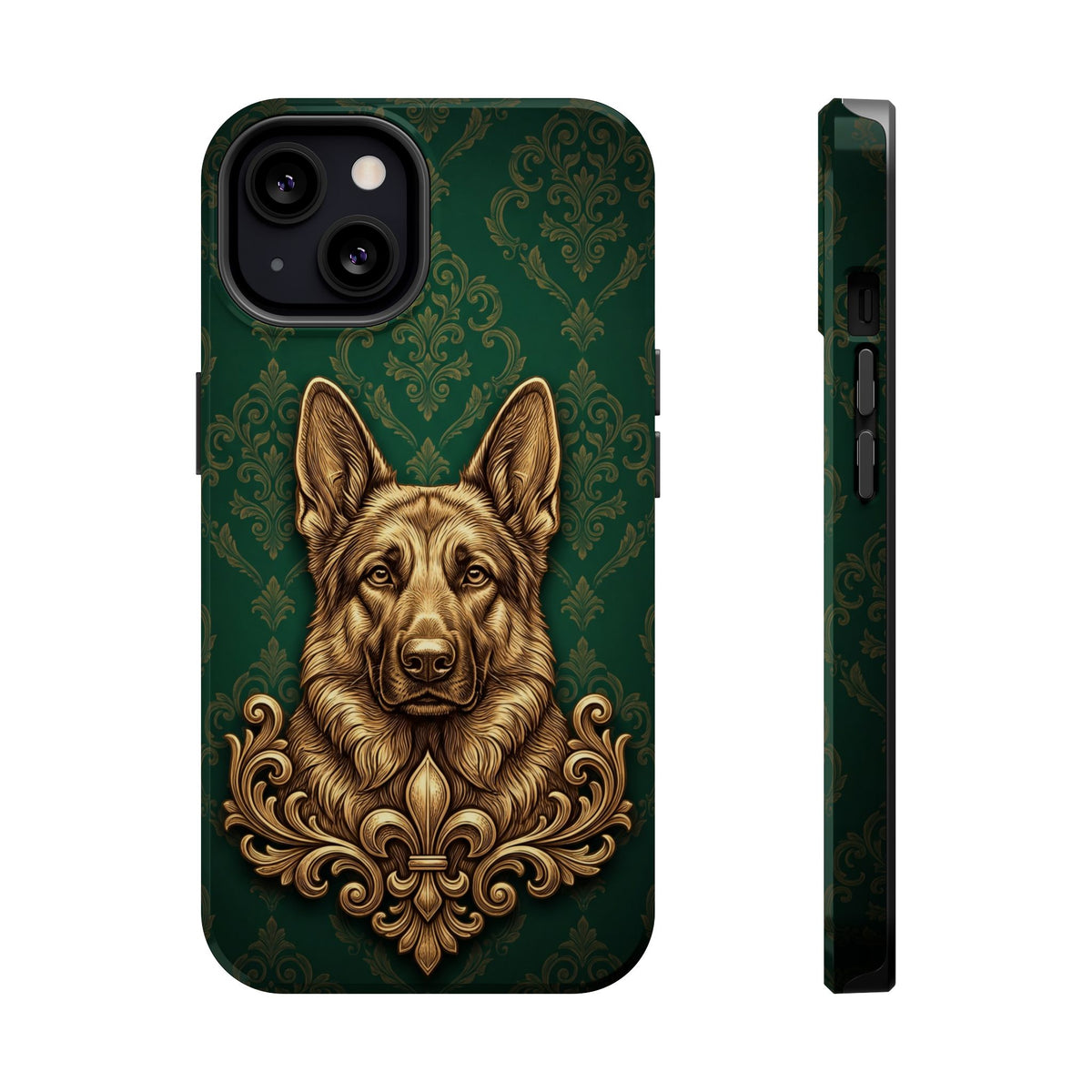 German Shepherd Phone Case | Emerald Baroque Gold Art — Tough Magnetic Case with Wireless Charging
