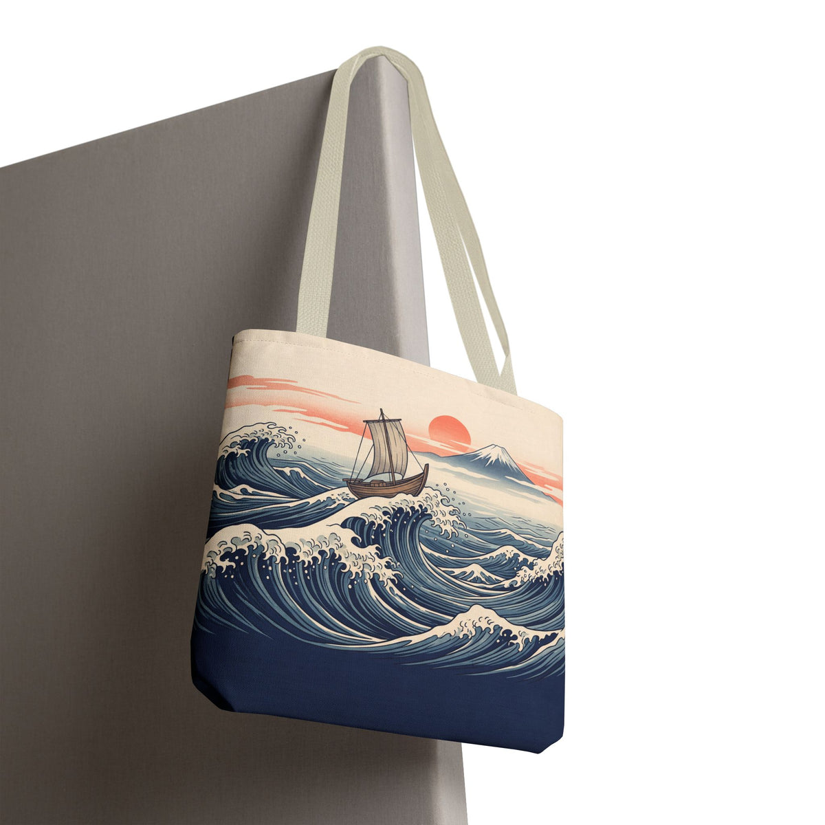 Japanese Wave Sailboat Tote Bag – Woodblock Style Ocean Beach Bag