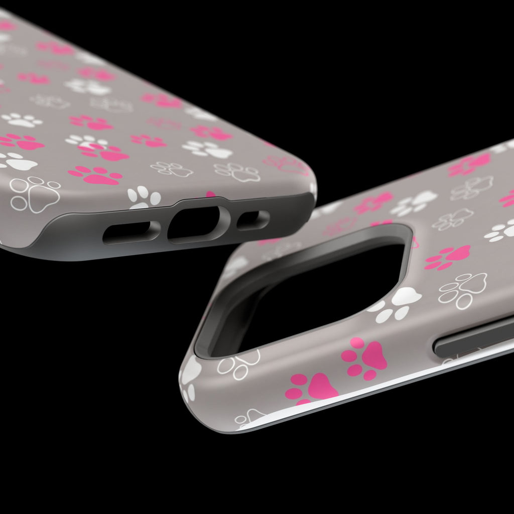 Pink & White Paw Print Phone Case — Impact-Resistant Wireless Charging Cover