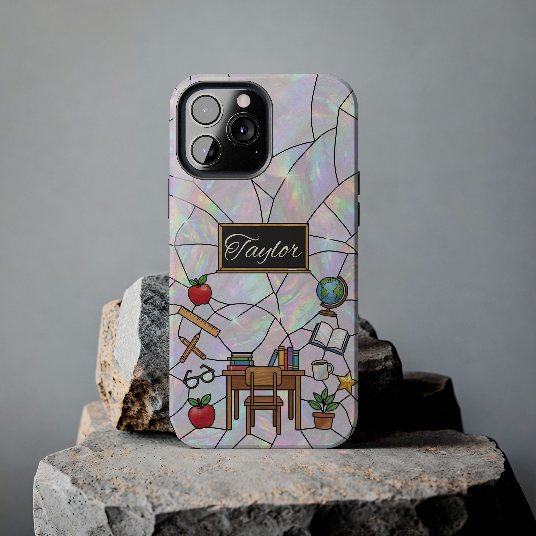 Personalized Teacher Phone Case — Custom Name Stained Glass Classroom Design