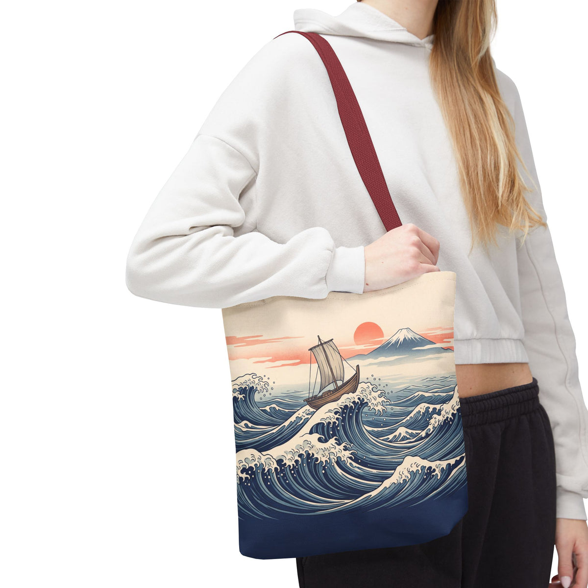 Japanese Wave Sailboat Tote Bag – Woodblock Style Ocean Beach Bag