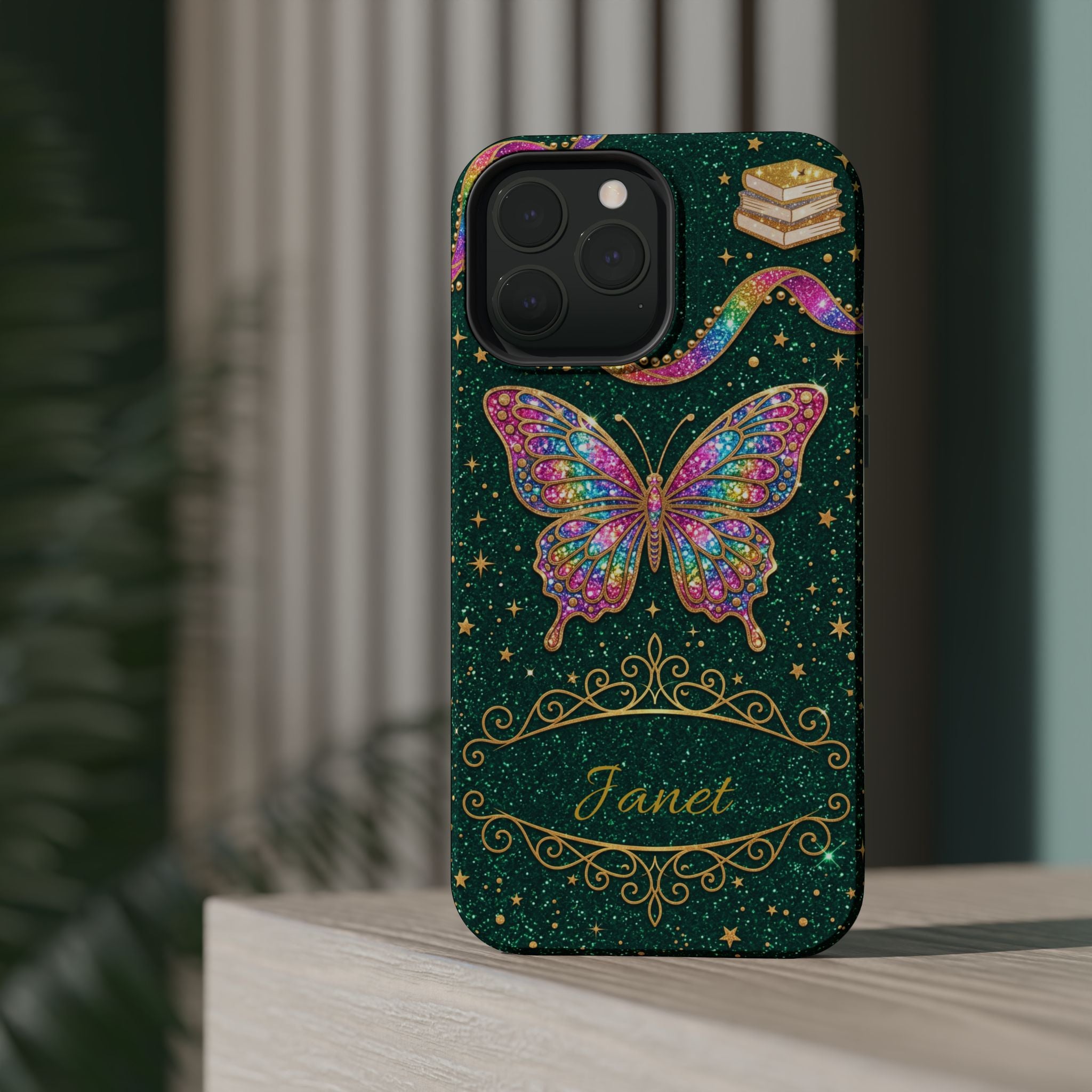 Rainbow Glitter Butterfly Personalized Teacher Phone Case — Wireless Charging Cover