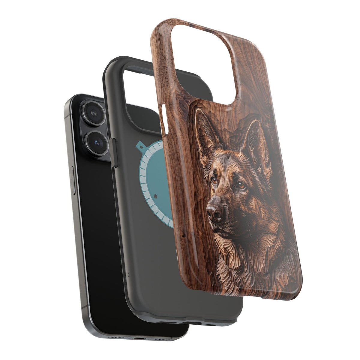 German Shepherd Phone Case | Carved Walnut Art — Tough Magnetic Case with Wireless Charging
