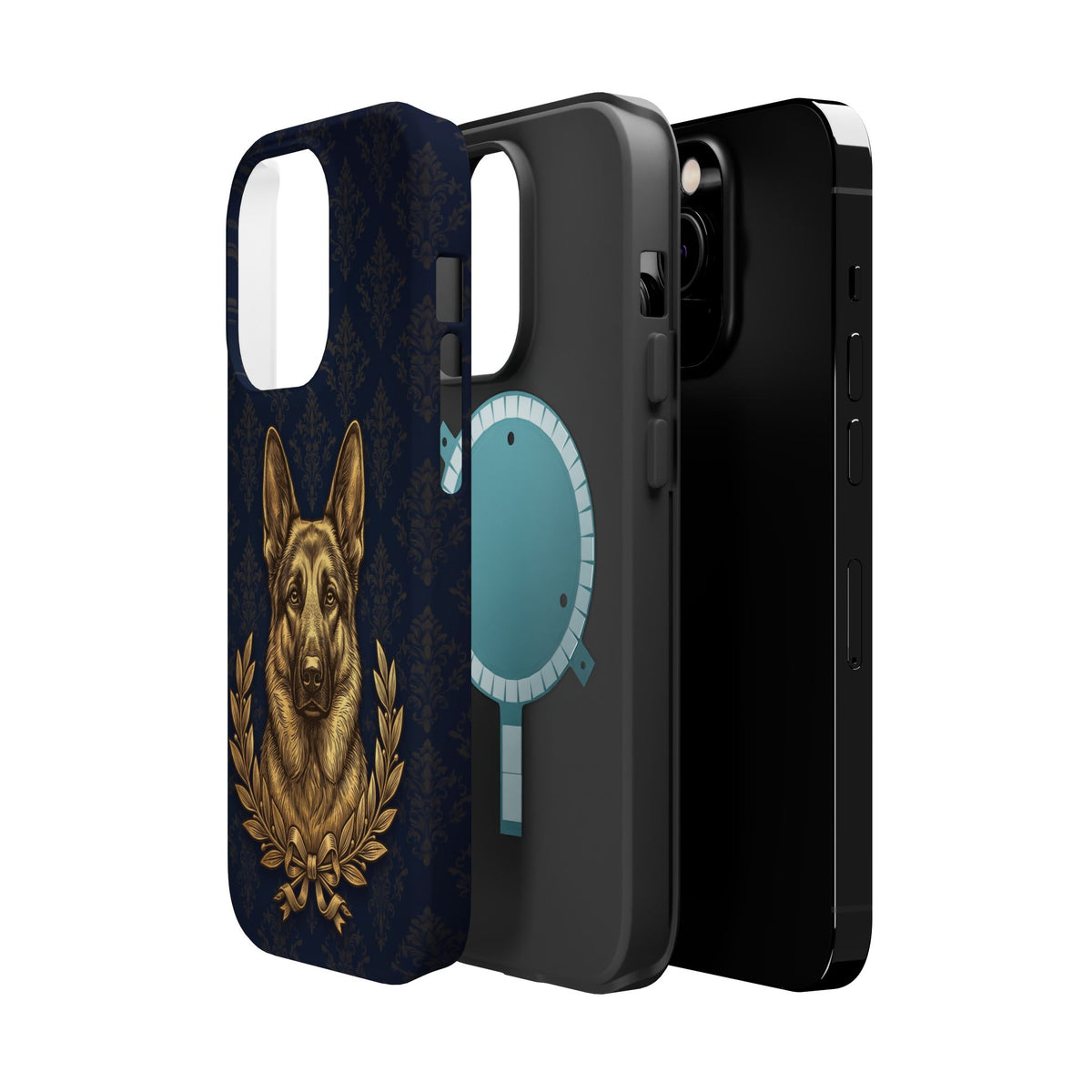 German Shepherd Phone Case | Navy Gold Laurel Art — Tough Magnetic Case with Wireless Charging
