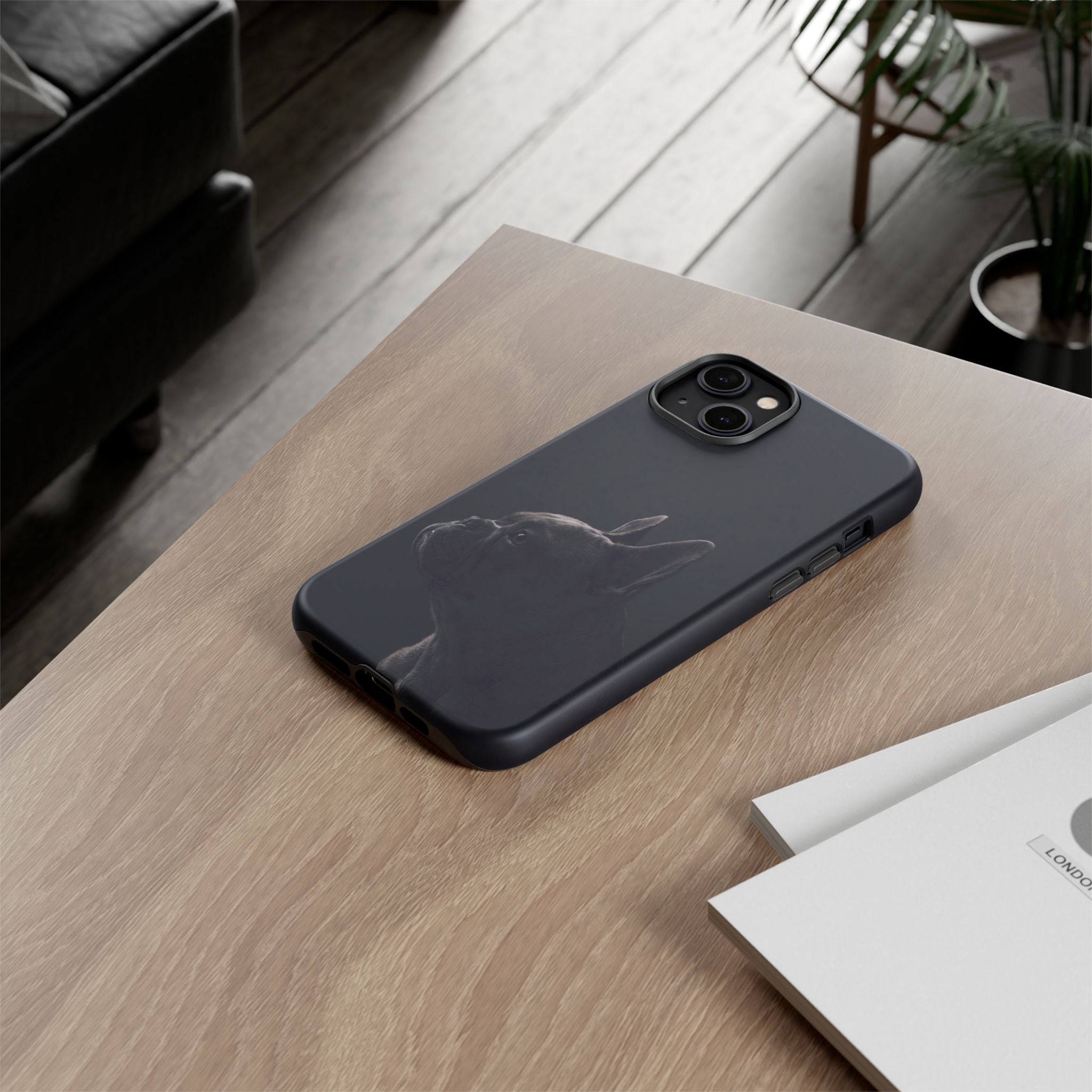 Silhouette French Bulldog Phone Case | Minimalist Black-on-Black Frenchie Profile | iPhone & Samsung