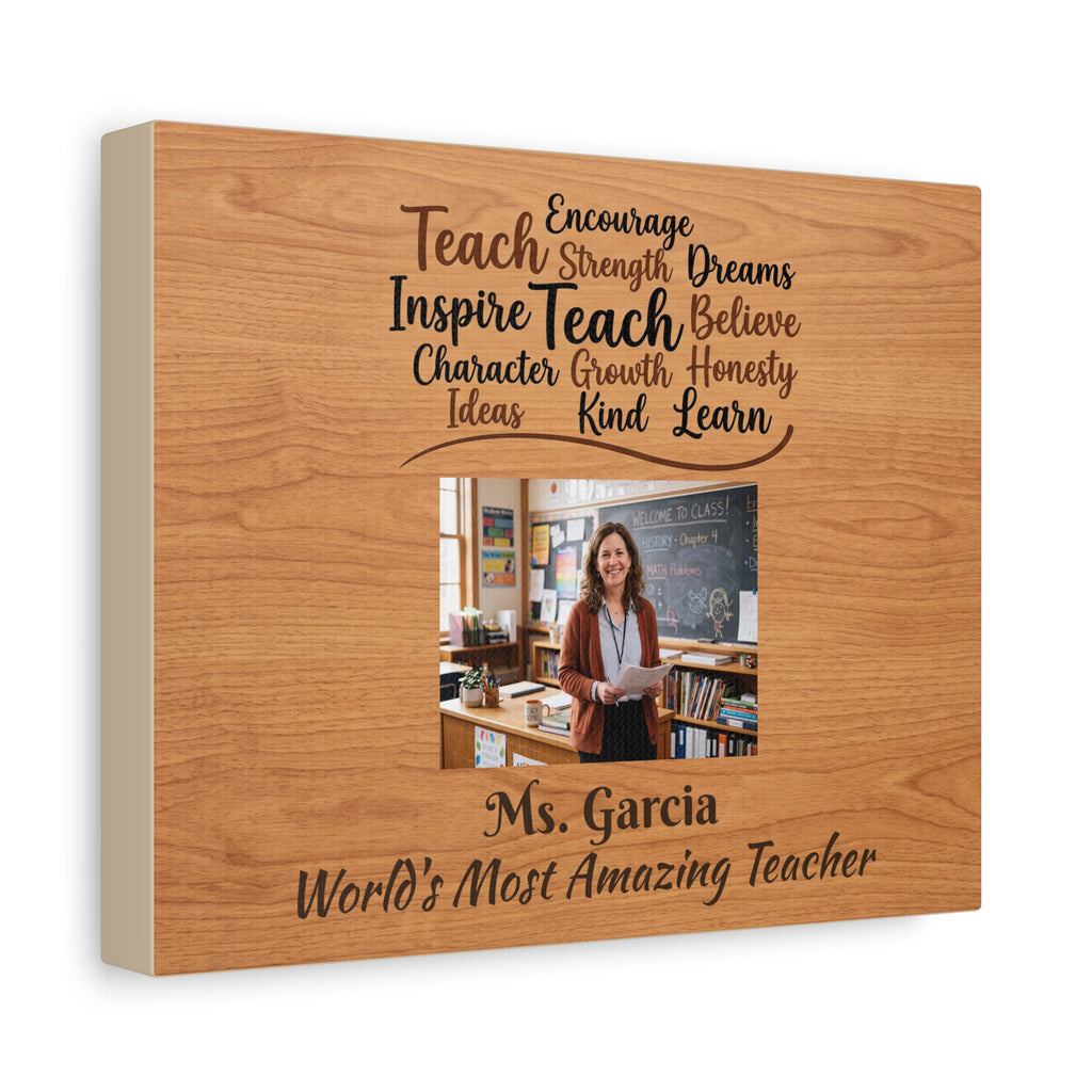 Personalized Teacher Canvas Print — Custom Photo, Name & Message Wood Grain Wall Art