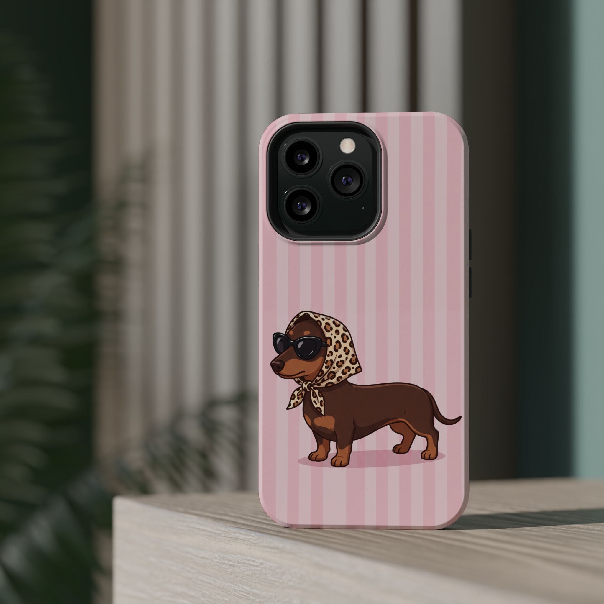 Glam Dachshund Phone Case | Cute Sausage Dog in Leopard Scarf & Sunglasses | Pink Stripe Case for iPhone & Samsung
