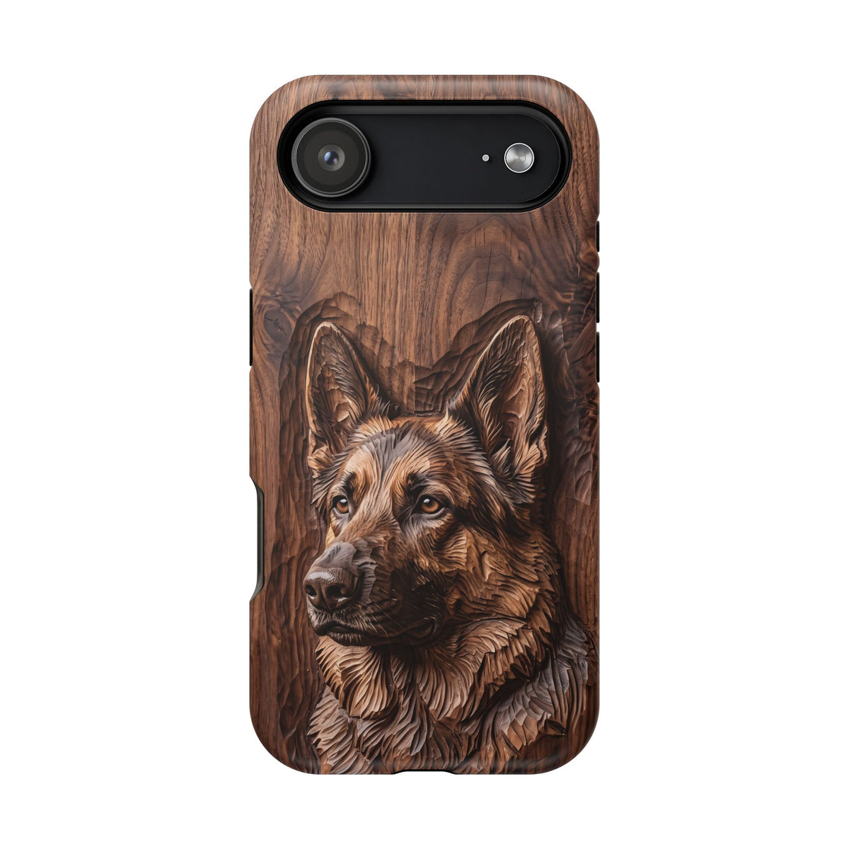 German Shepherd Phone Case | Carved Walnut Art — Tough Magnetic Case with Wireless Charging