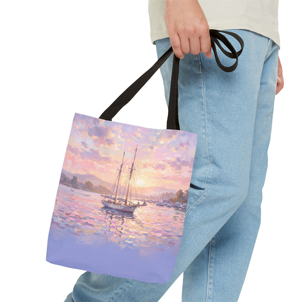 Pastel Sailboat Tote Bag – Impressionist Sunset Harbor Beach Bag