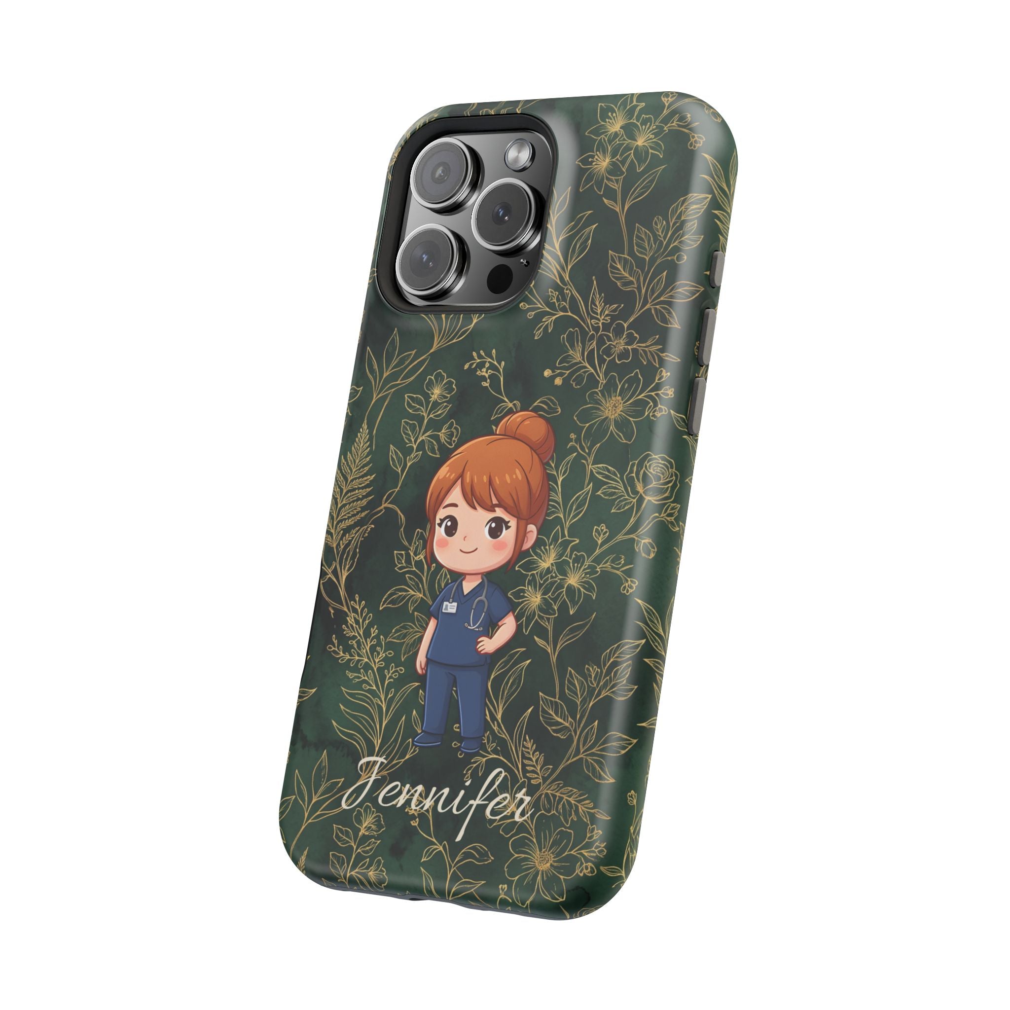 Personalized Nurse Botanical Phone Case — Impact-Resistant Wireless Charging Cover