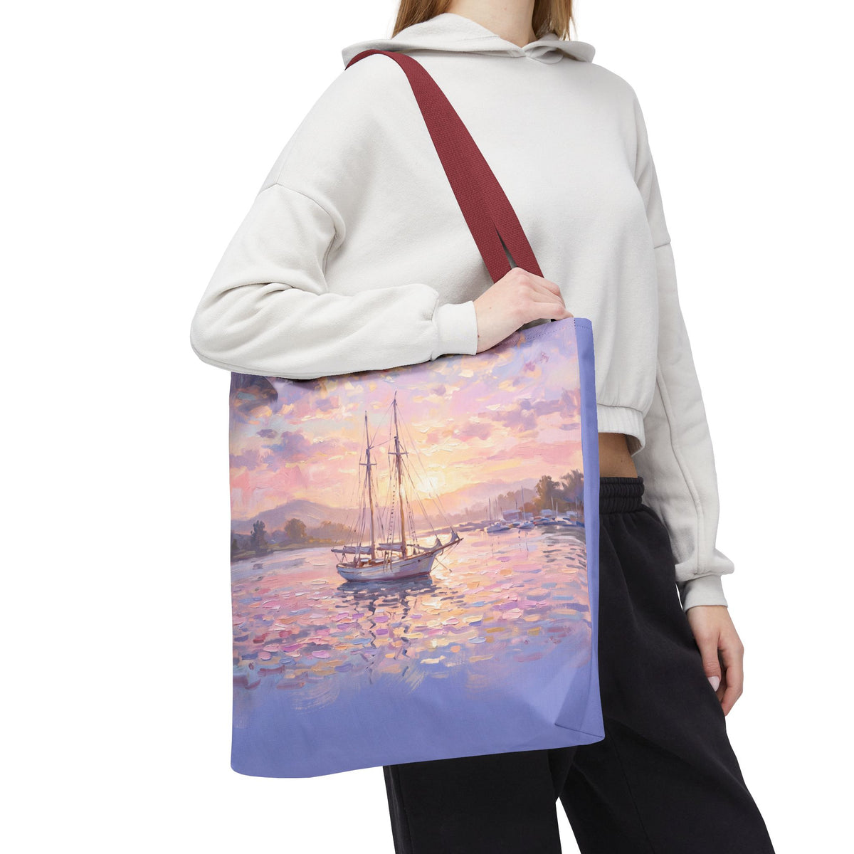 Pastel Sailboat Tote Bag – Impressionist Sunset Harbor Beach Bag
