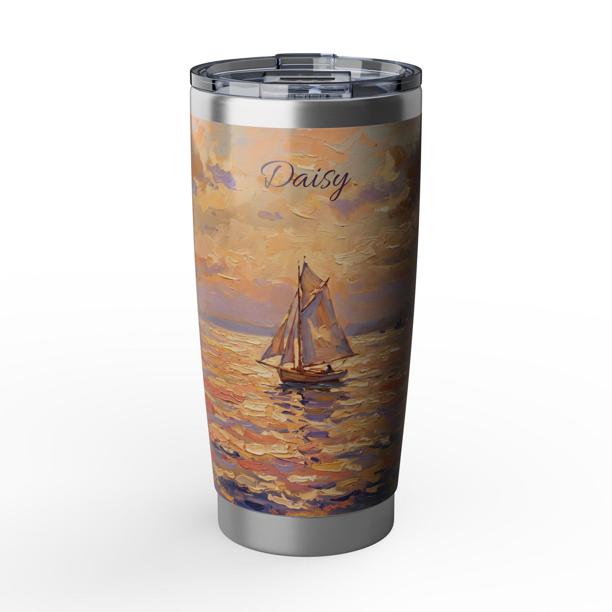 Sailing Personalized Tumbler | Impressionist Sunset Art — 20 oz Stainless Travel Mug