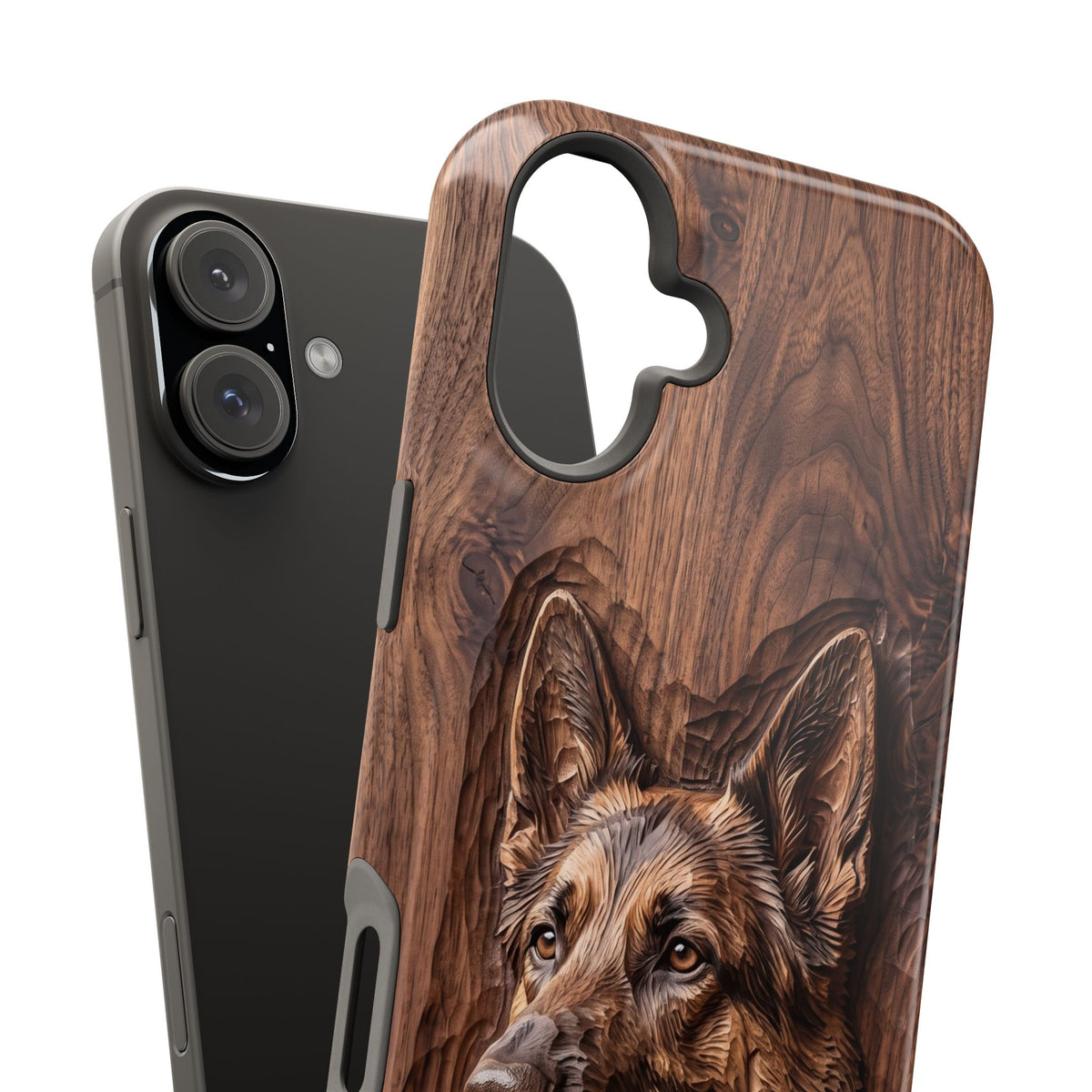 German Shepherd Phone Case | Carved Walnut Art — Tough Magnetic Case with Wireless Charging