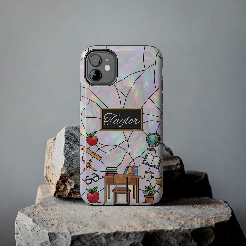 Personalized Teacher Phone Case — Custom Name Stained Glass Classroom Design