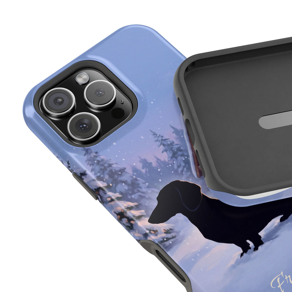 Personalized Dachshund Winter Cabin Phone Case — Wireless Charging Cover