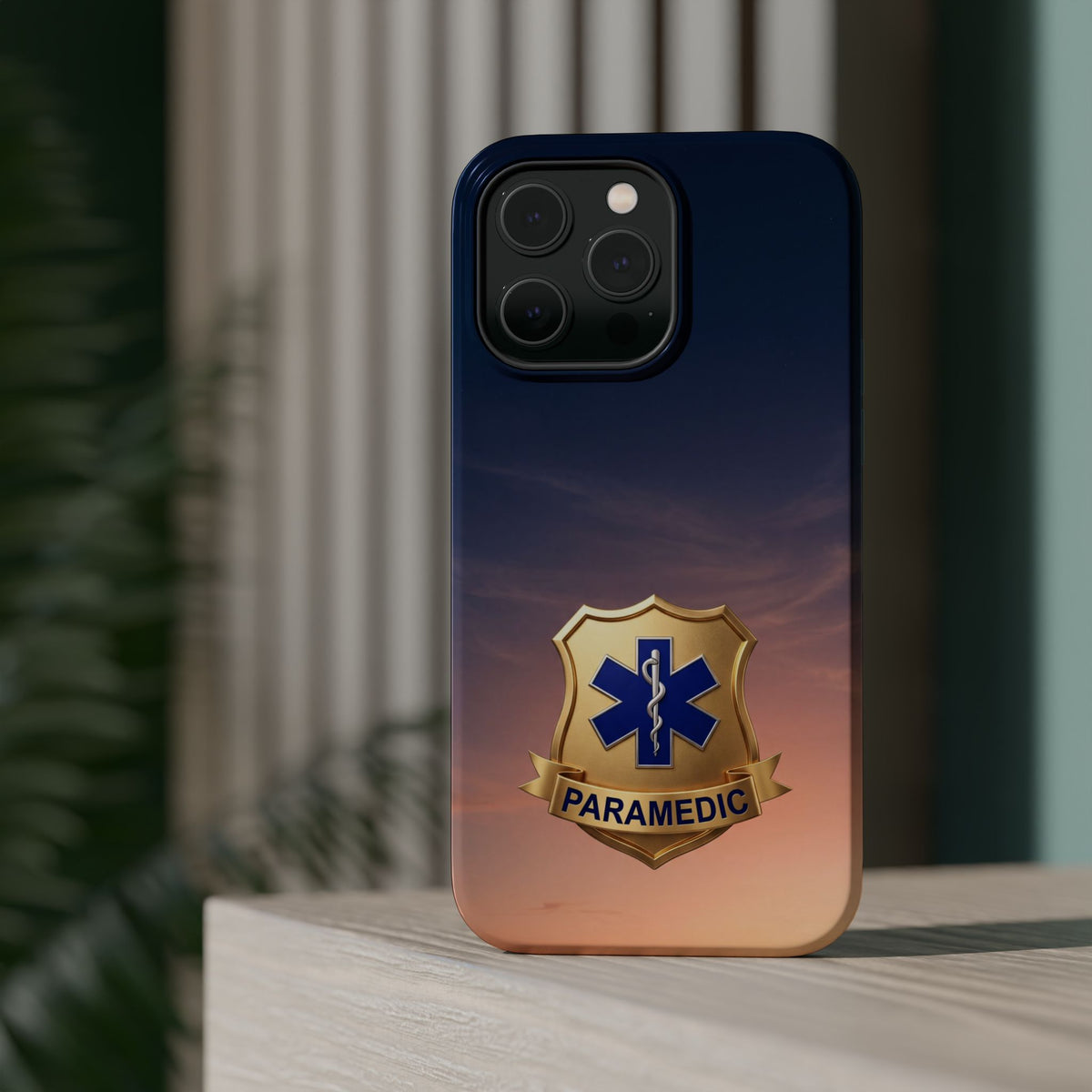 Gold Paramedic Badge Sunset Sky Phone Case — Magnetic Wireless Charging Cover