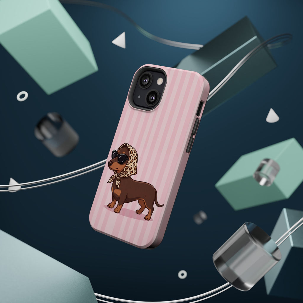 Glam Dachshund Phone Case | Cute Sausage Dog in Leopard Scarf & Sunglasses | Pink Stripe Case for iPhone & Samsung