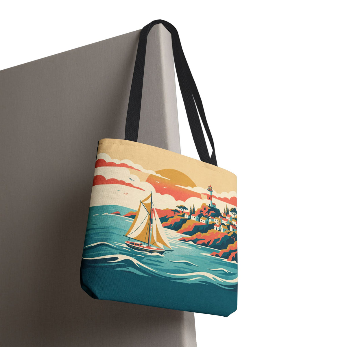 Coastal Lighthouse Sailboat Tote Bag – Retro Seaside Sunset Beach Bag