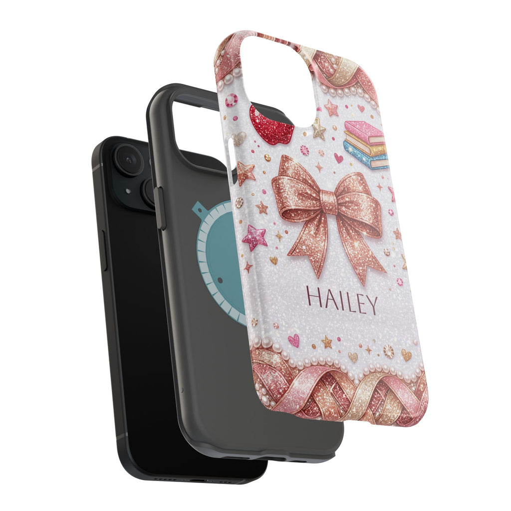 Rose Gold Glitter Bow Personalized Teacher Phone Case — Wireless Charging Cover