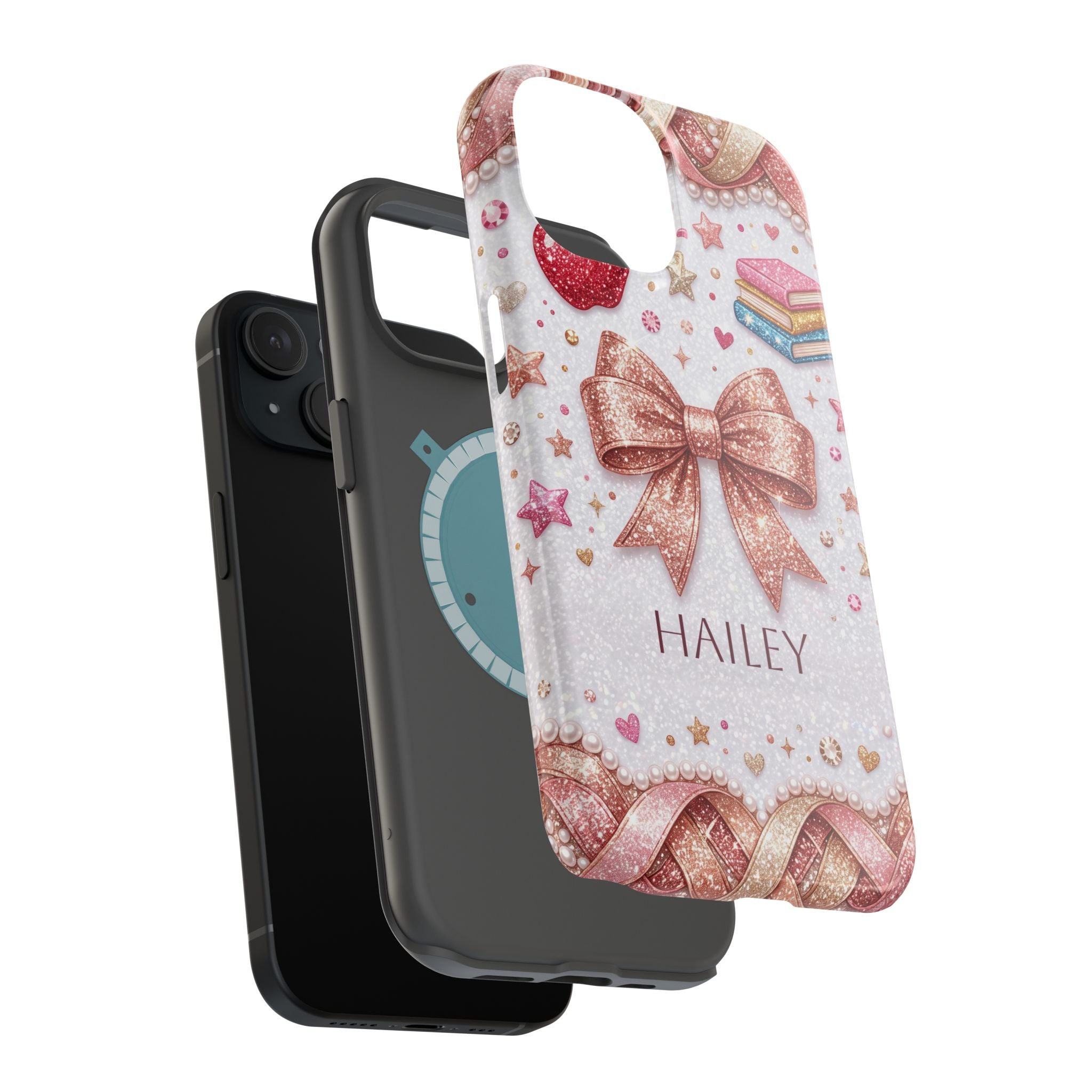 Rose Gold Glitter Bow Personalized Teacher Phone Case — Wireless Charging Cover