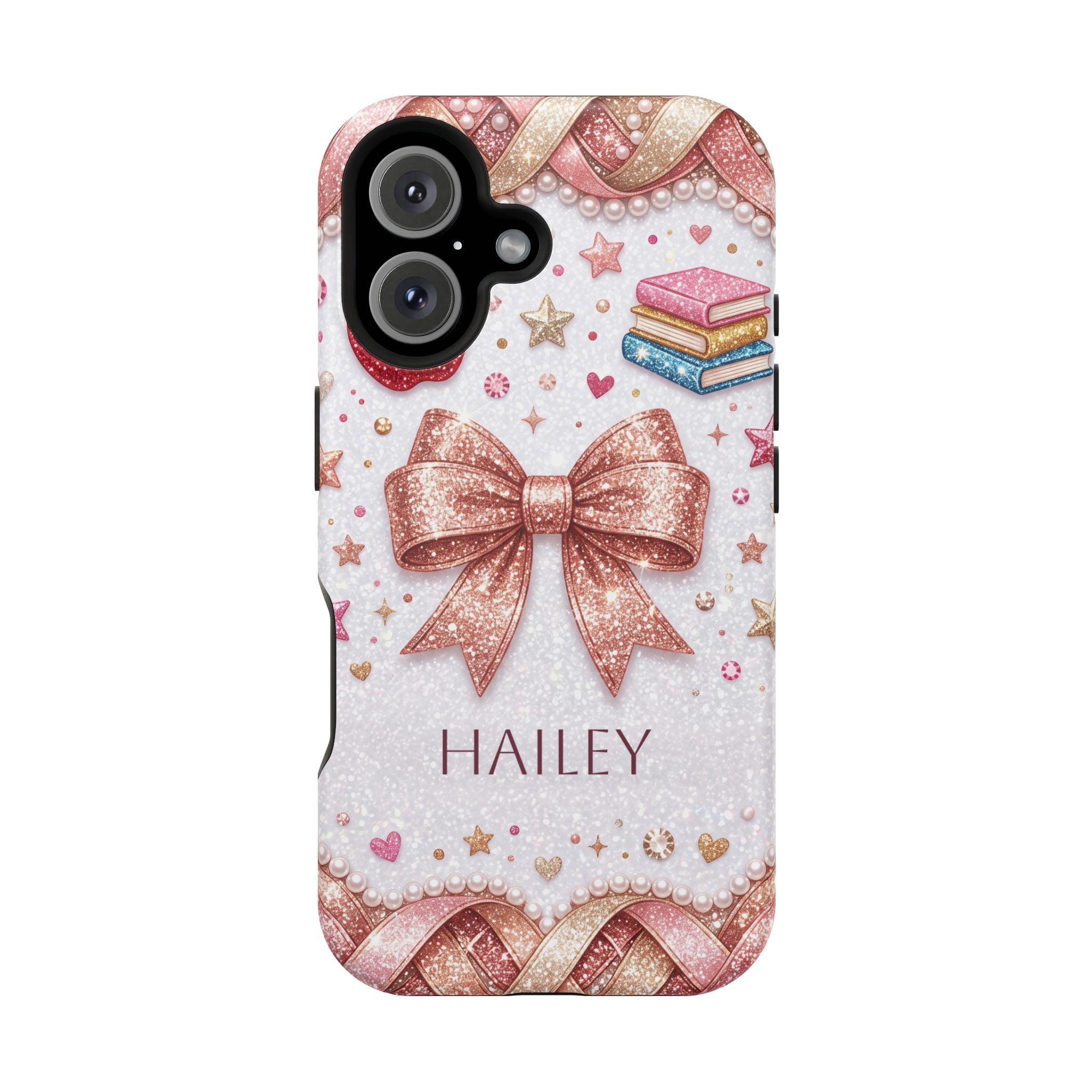Rose Gold Glitter Bow Personalized Teacher Phone Case — Wireless Charging Cover