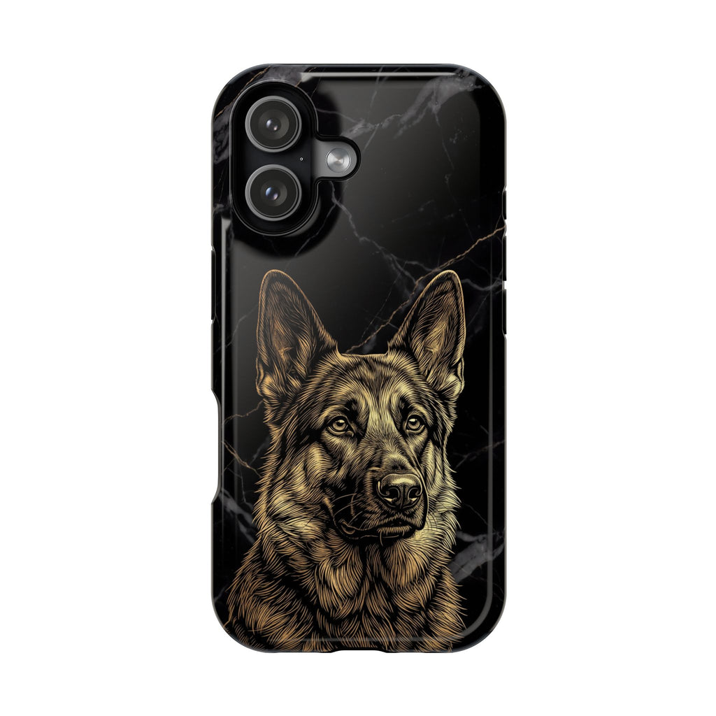 German Shepherd Phone Case | Black Marble Gold Sketch Art — Tough Magnetic Case with Wireless Charging