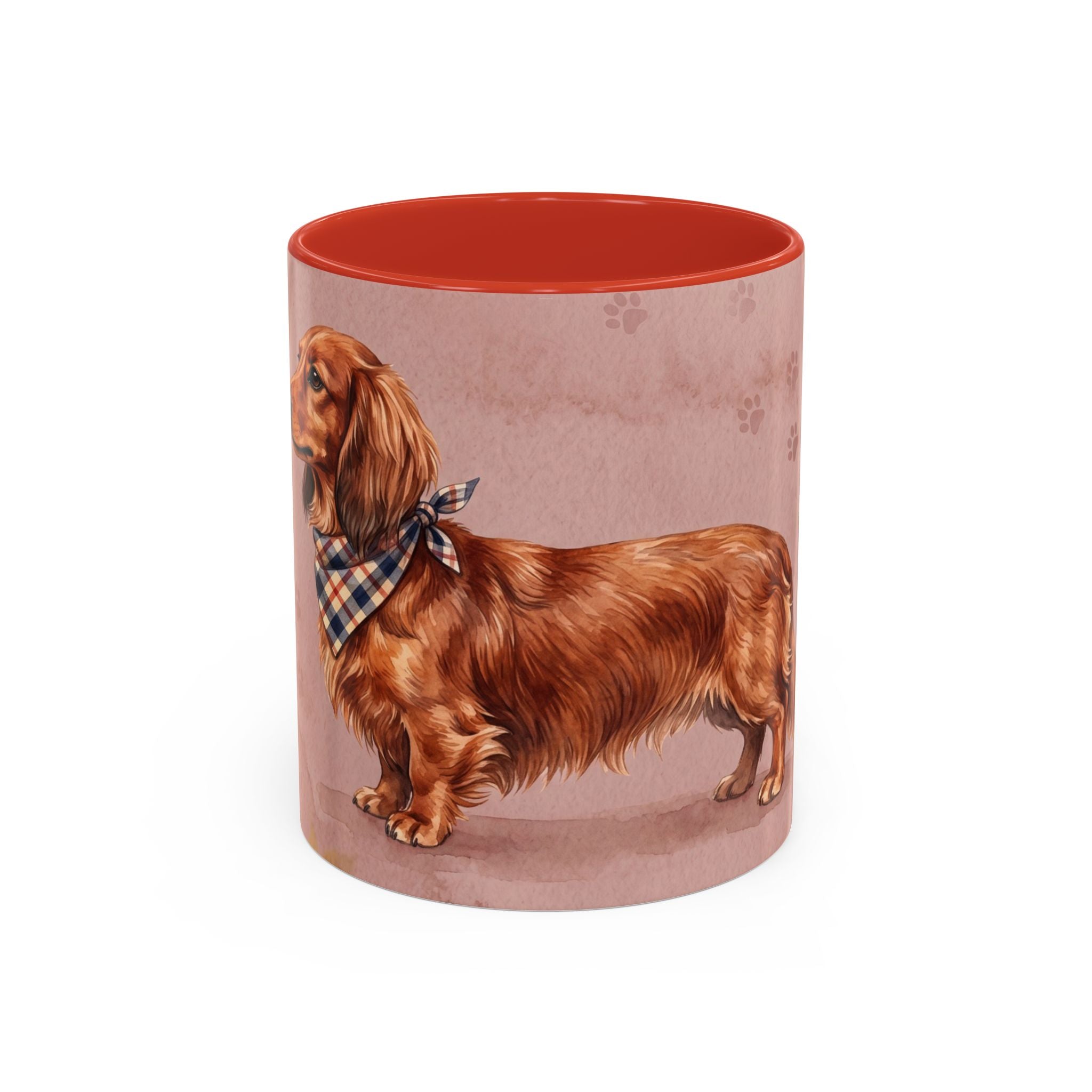 Dachshund Lover Mug | Long-Haired Wiener Dog with Plaid Bandana, Dusty Rose Watercolor Dog Gift