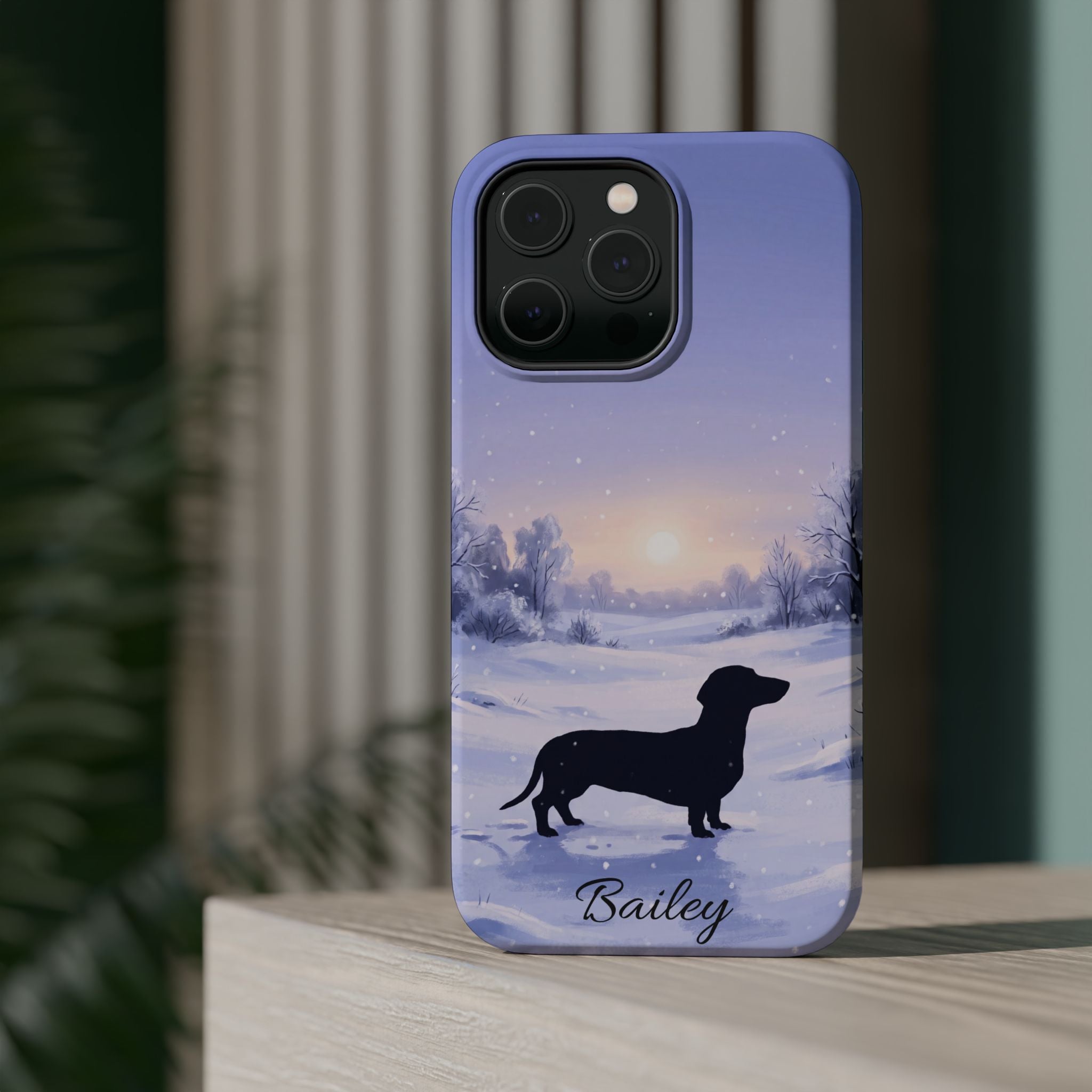 Personalized Dachshund Winter Snow Phone Case — Wireless Charging Cover
