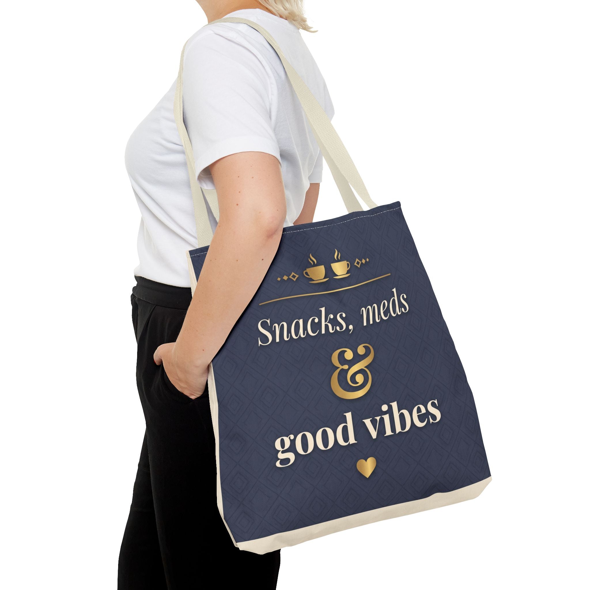 Snacks Meds & Good Vibes Tote | Funny Nurse Gift Tote Bag | Healthcare Worker Humour Gift | Premium Polyester Carry-All
