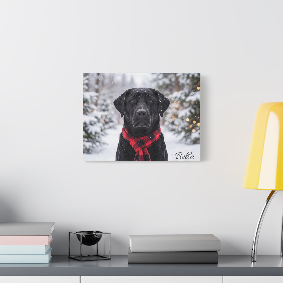 Black Labrador Personalized Canvas | Snowy Christmas Plaid Scarf Wall Art