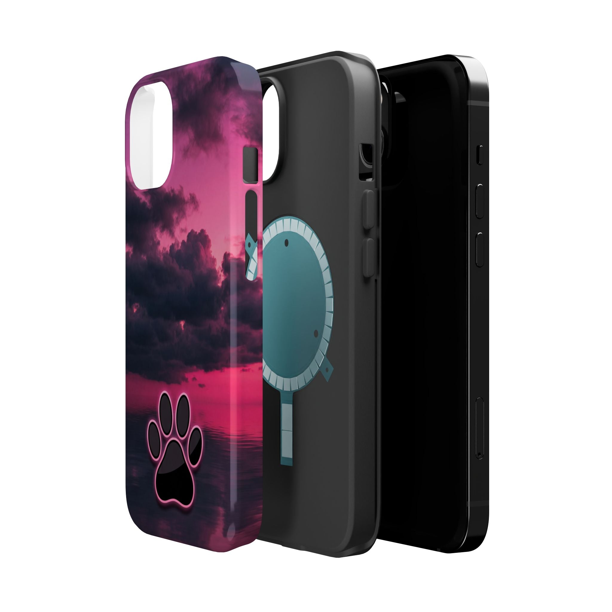 iPhone & Samsung Magnetic Impact-Resistant Phone Case — Pink Twilight Cloud with Paw Print