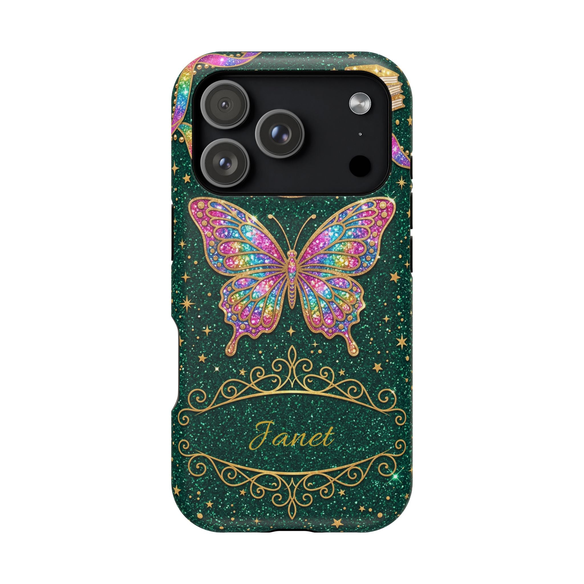 Rainbow Glitter Butterfly Personalized Teacher Phone Case — Wireless Charging Cover