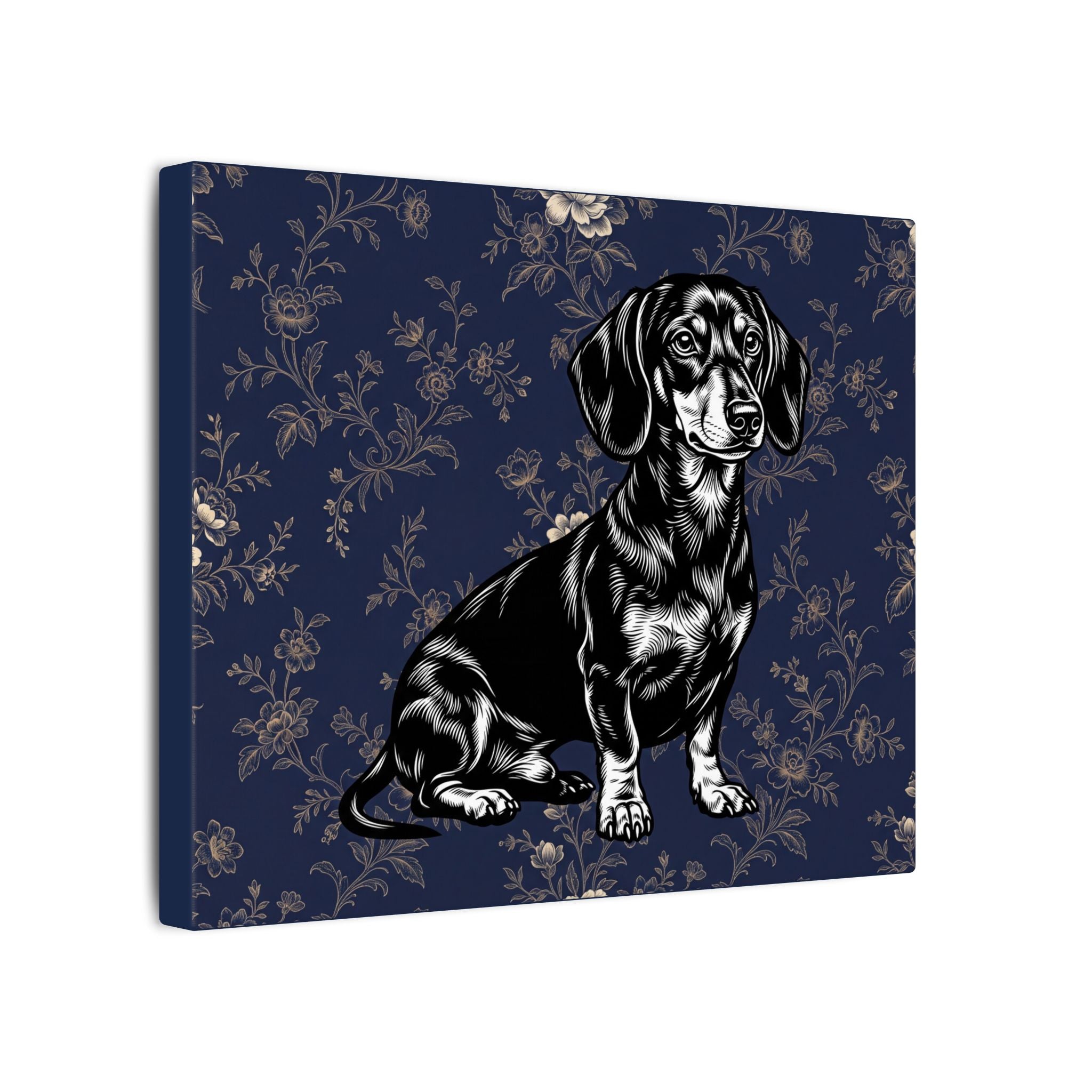 Dachshund Art Canvas – Vintage Floral Navy Matte Stretched Wall Decor