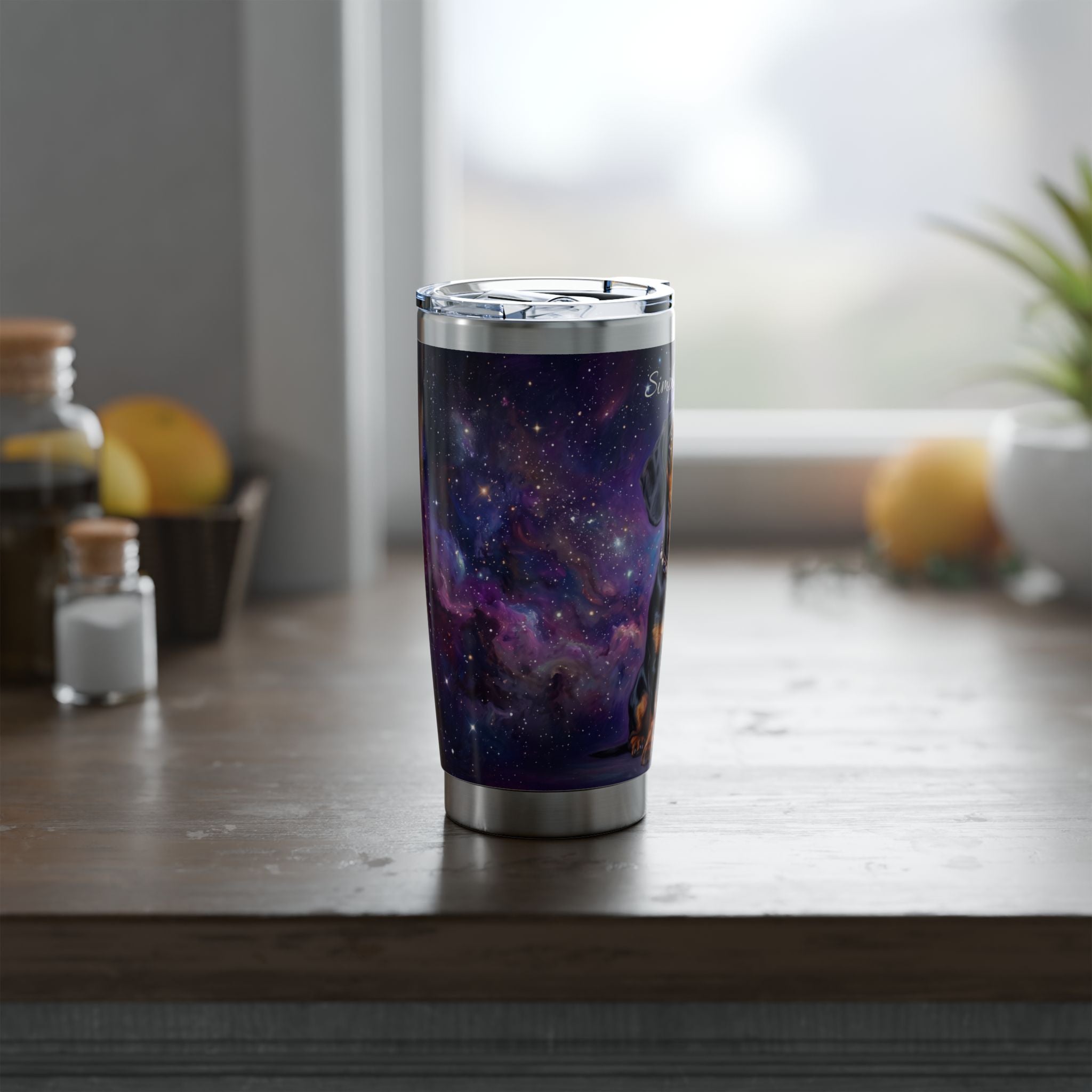 Dachshund Purple Galaxy Stainless Tumbler — 20oz Personalized Travel Mug with Black & Tan Cosmic Design