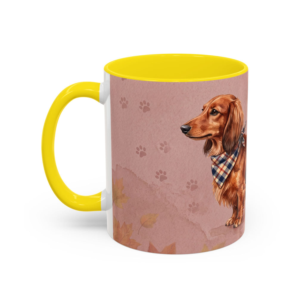 Dachshund Lover Mug | Long-Haired Wiener Dog with Plaid Bandana, Dusty Rose Watercolor Dog Gift