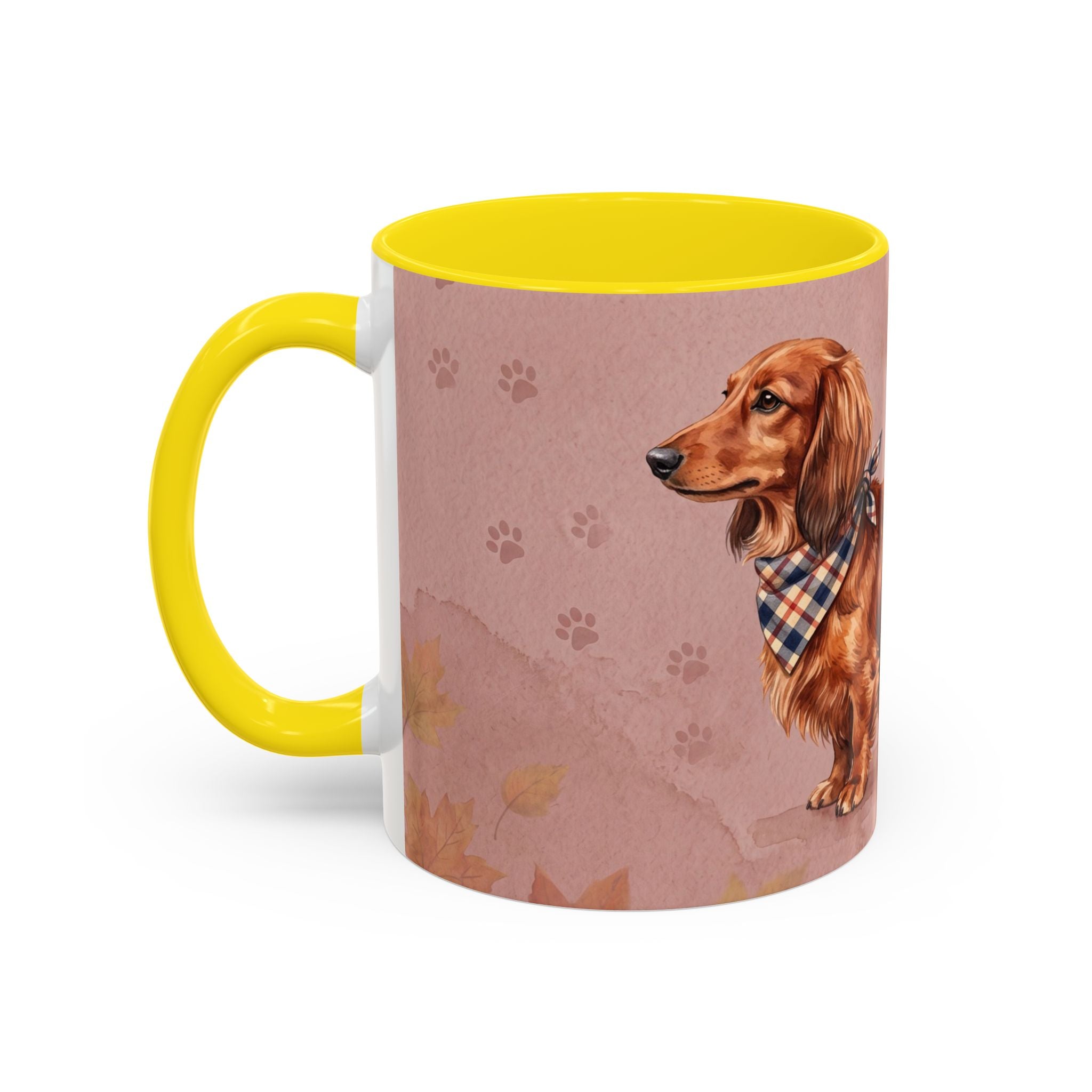 Dachshund Lover Mug | Long-Haired Wiener Dog with Plaid Bandana, Dusty Rose Watercolor Dog Gift