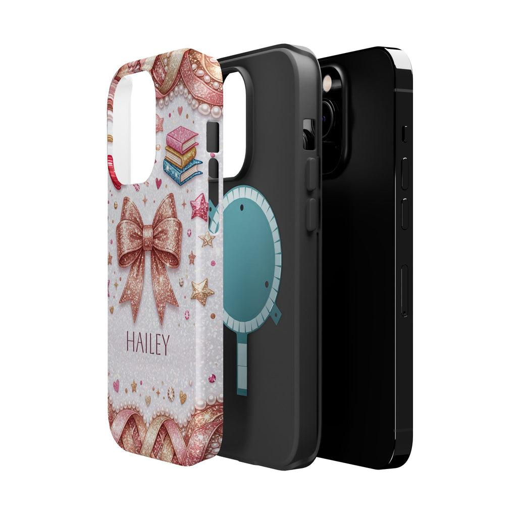 Rose Gold Glitter Bow Personalized Teacher Phone Case — Wireless Charging Cover