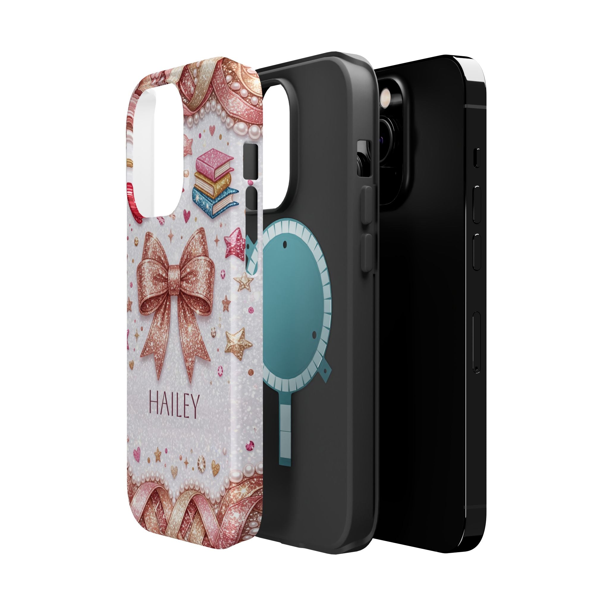 Rose Gold Glitter Bow Personalized Teacher Phone Case — Wireless Charging Cover