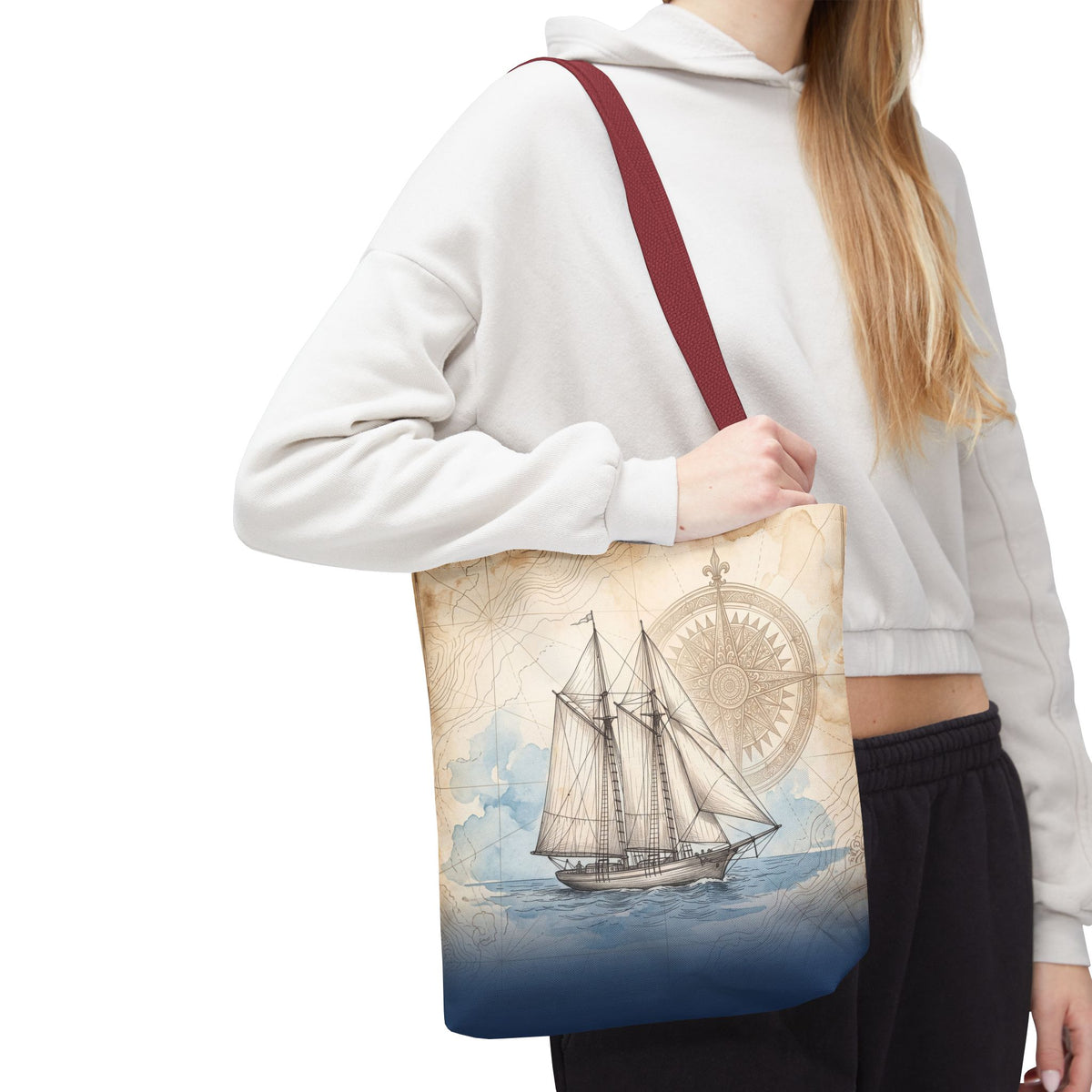 Vintage Schooner Tote Bag – Antique Nautical Map Compass Beach Bag