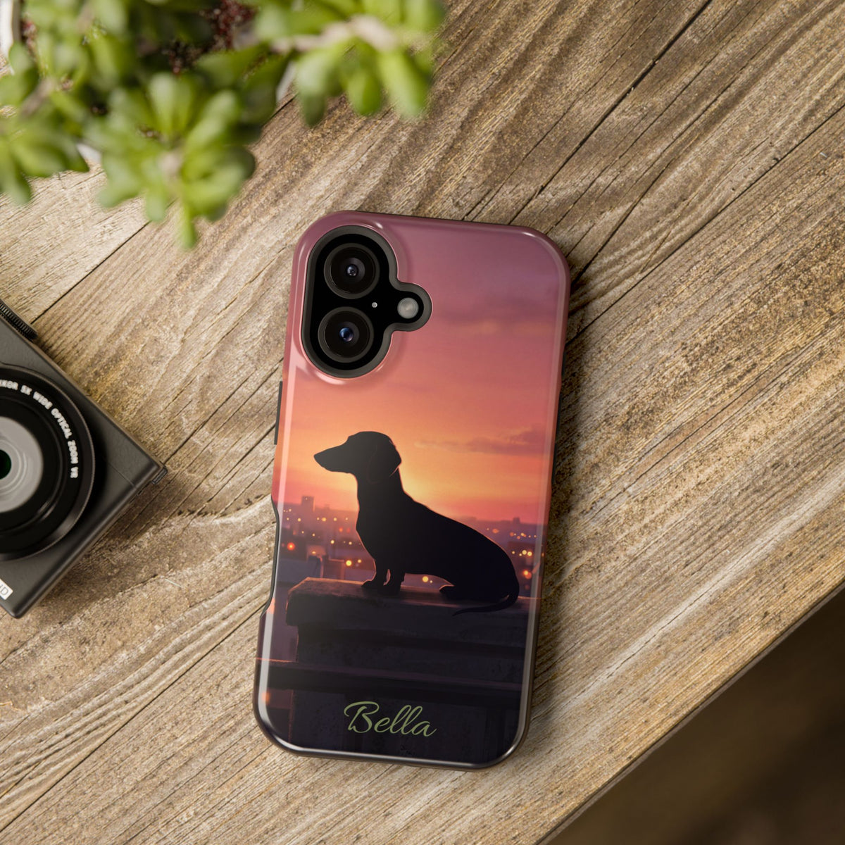 Personalized Dachshund Rooftop Sunset Phone Case — Wireless Charging Cover