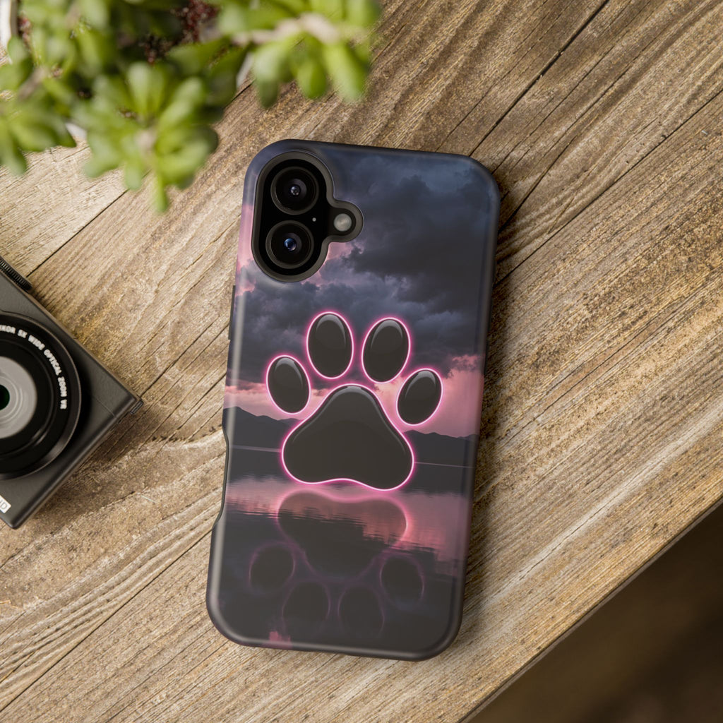 Neon Paw Print Phone Case — Impact-Resistant Wireless Charging Cover