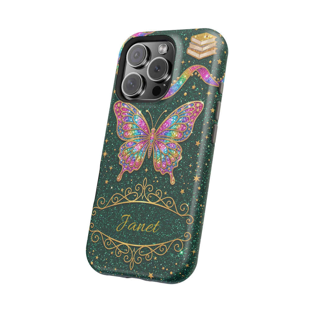 Rainbow Glitter Butterfly Personalized Teacher Phone Case — Wireless Charging Cover