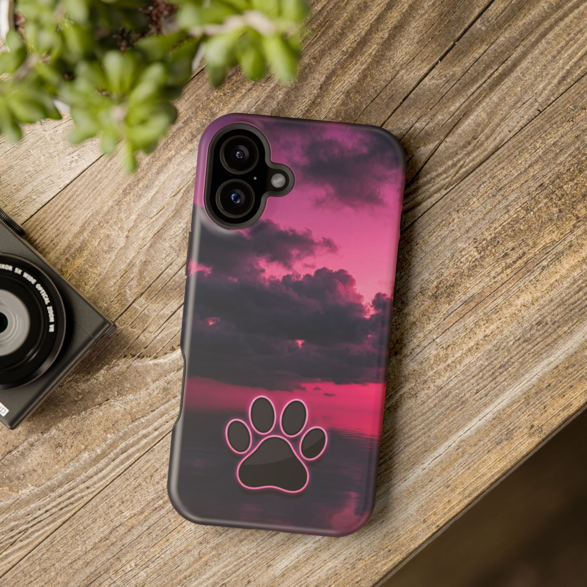iPhone & Samsung Magnetic Impact-Resistant Phone Case — Pink Twilight Cloud with Paw Print
