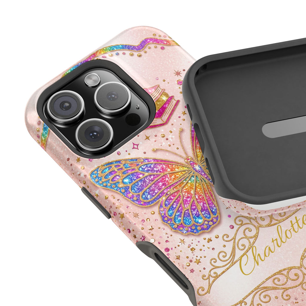 Blush Glitter Butterfly Personalized Teacher Phone Case — Wireless Charging Cover