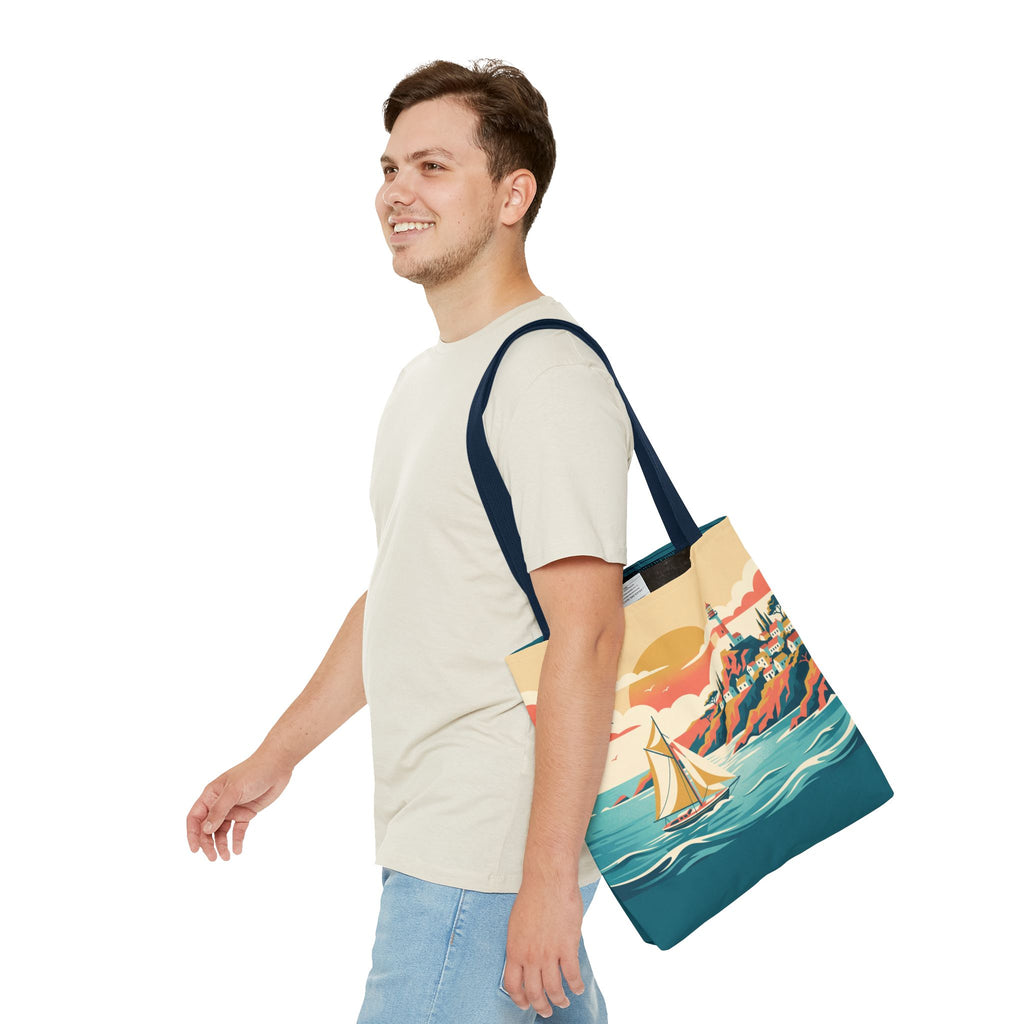 Coastal Lighthouse Sailboat Tote Bag – Retro Seaside Sunset Beach Bag