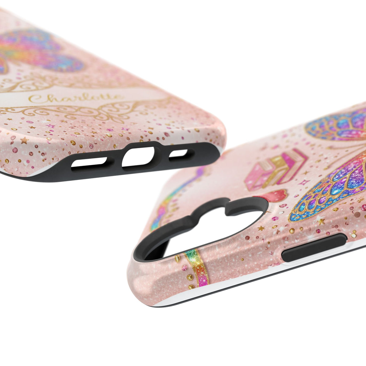 Blush Glitter Butterfly Personalized Teacher Phone Case — Wireless Charging Cover