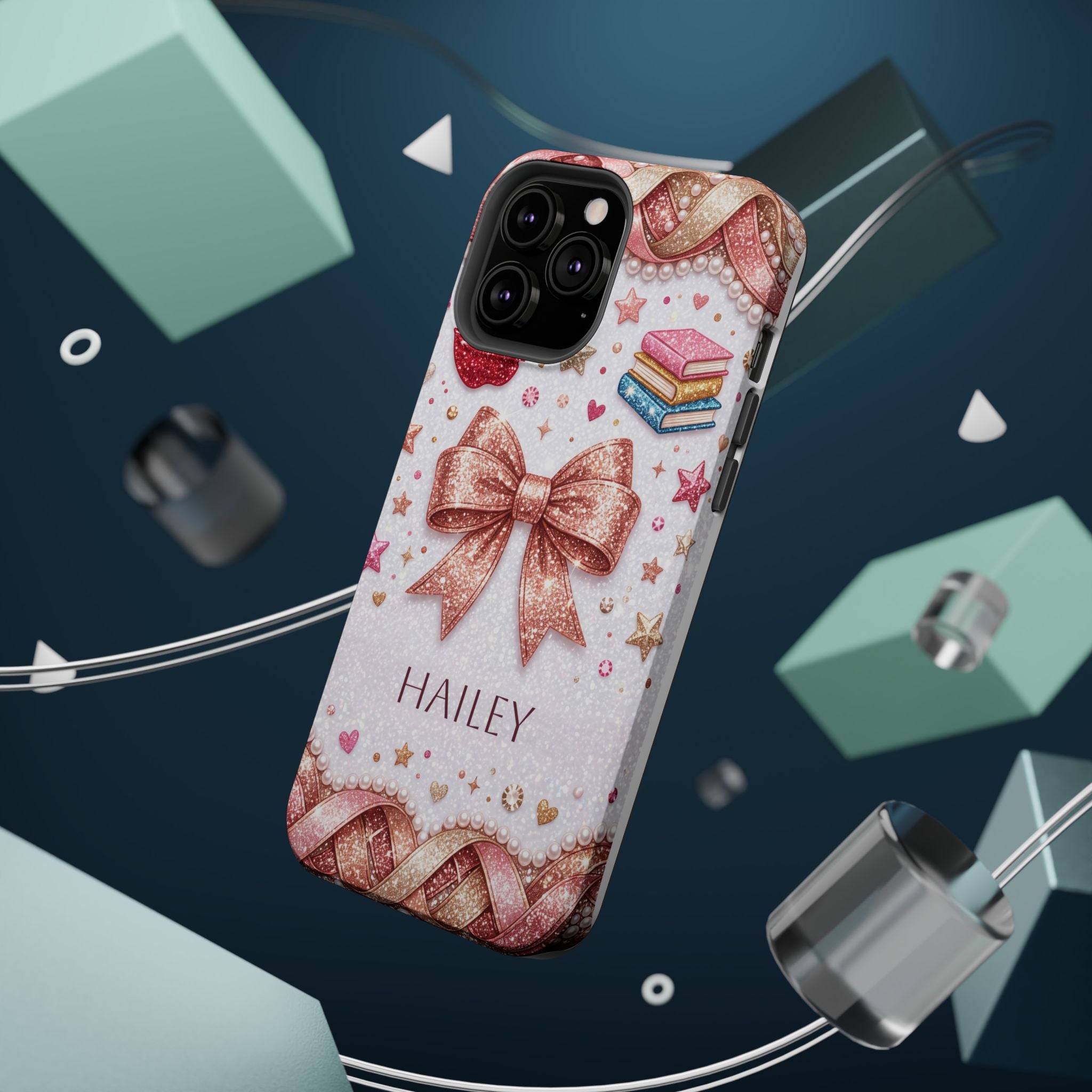 Rose Gold Glitter Bow Personalized Teacher Phone Case — Wireless Charging Cover