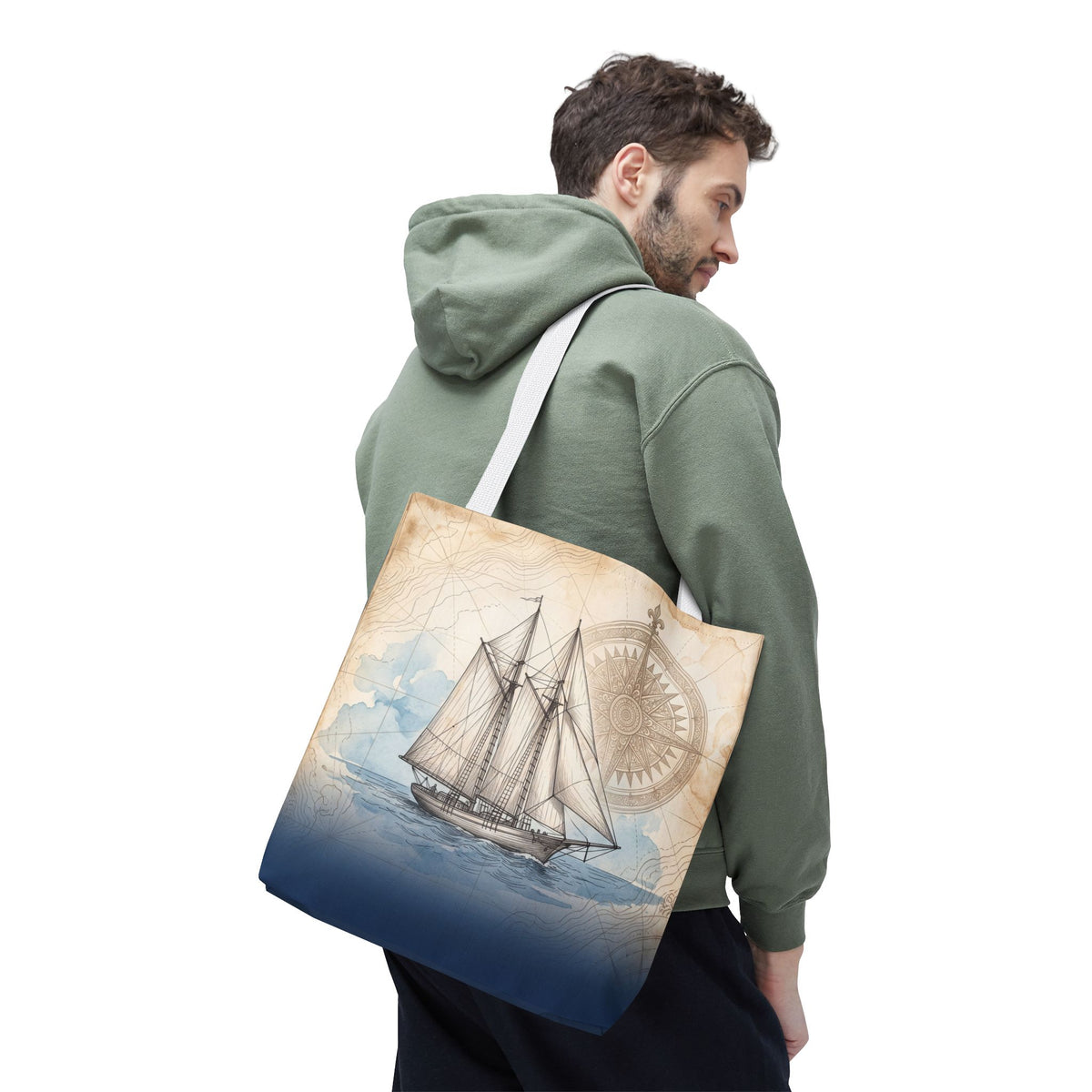 Vintage Schooner Tote Bag – Antique Nautical Map Compass Beach Bag