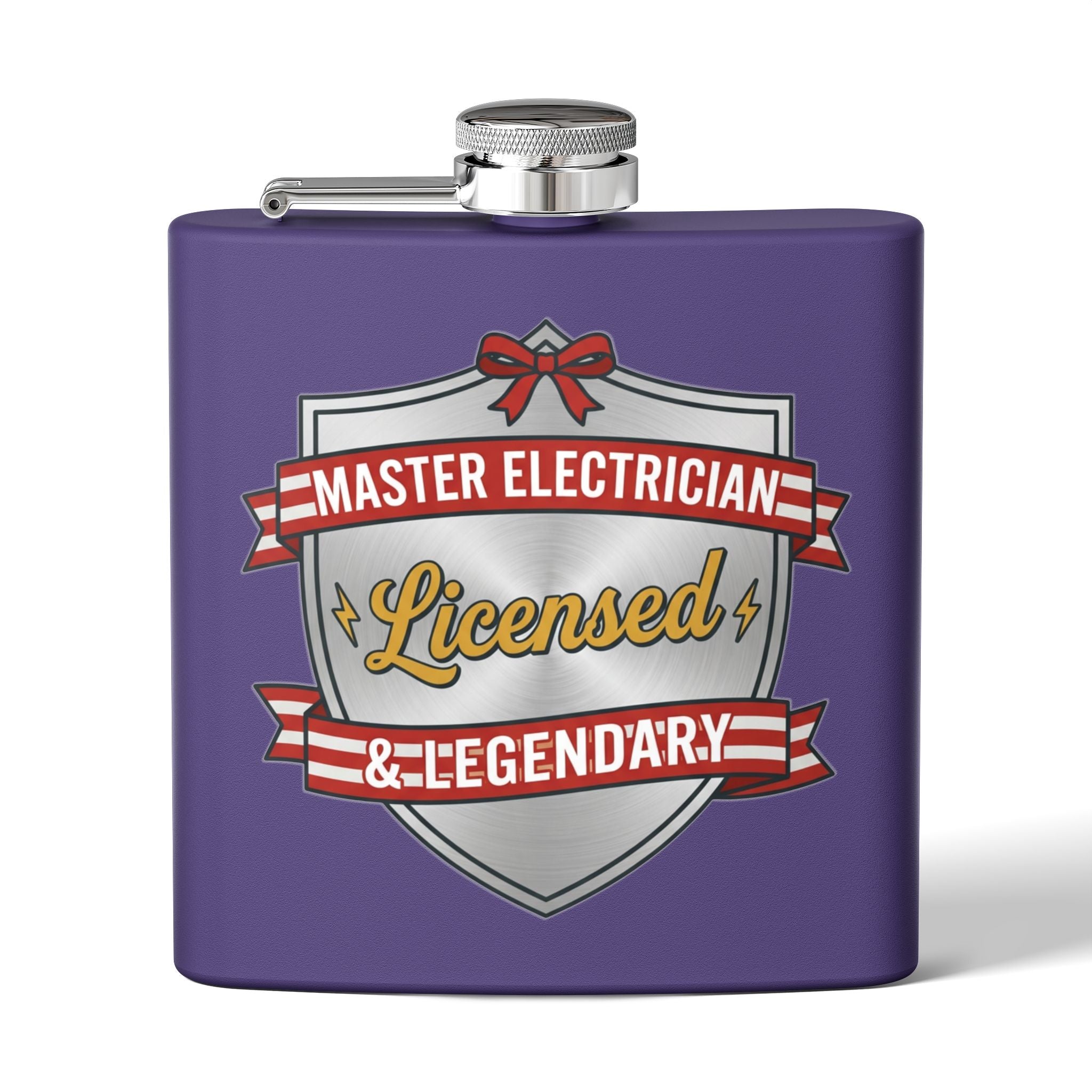 Flask — "Master Electrician: Licensed & Legendary" (Shield Badge) 6oz Stainless Steel Hip Flask